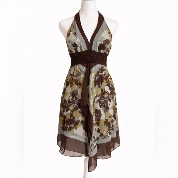 BCBG Max Azria 100% Silk Halter Dress | Brown Floral | Women's Size 4 - Picture 2 of 7